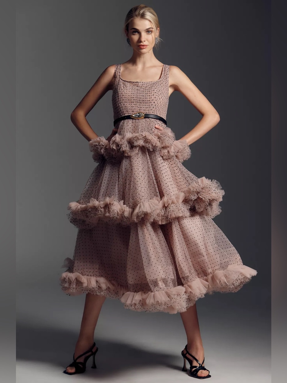 Mac Duggal Square-Neck Dotted Tulle Tiered Midi Dress - Picture 4 of 12